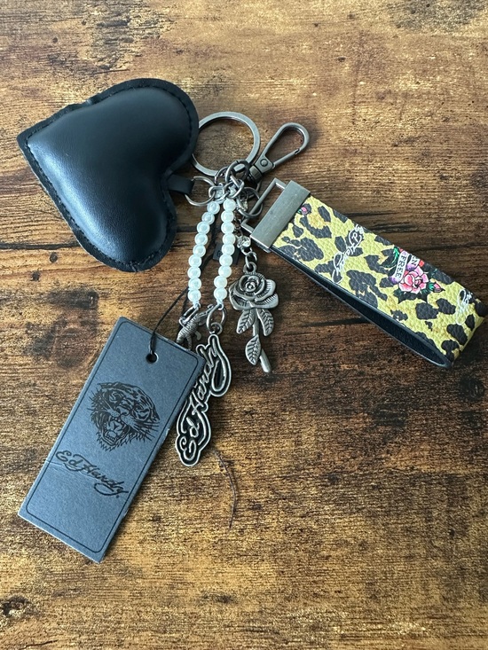 Ed Hardy Accessories - Ed Hardy Black Heart Bag Charm Keychain Faux Leather Heart & Metal Charms NWT